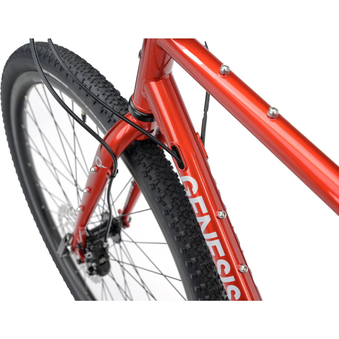 Close-up of a red bicycle with 'Genesis' branding on a white background
