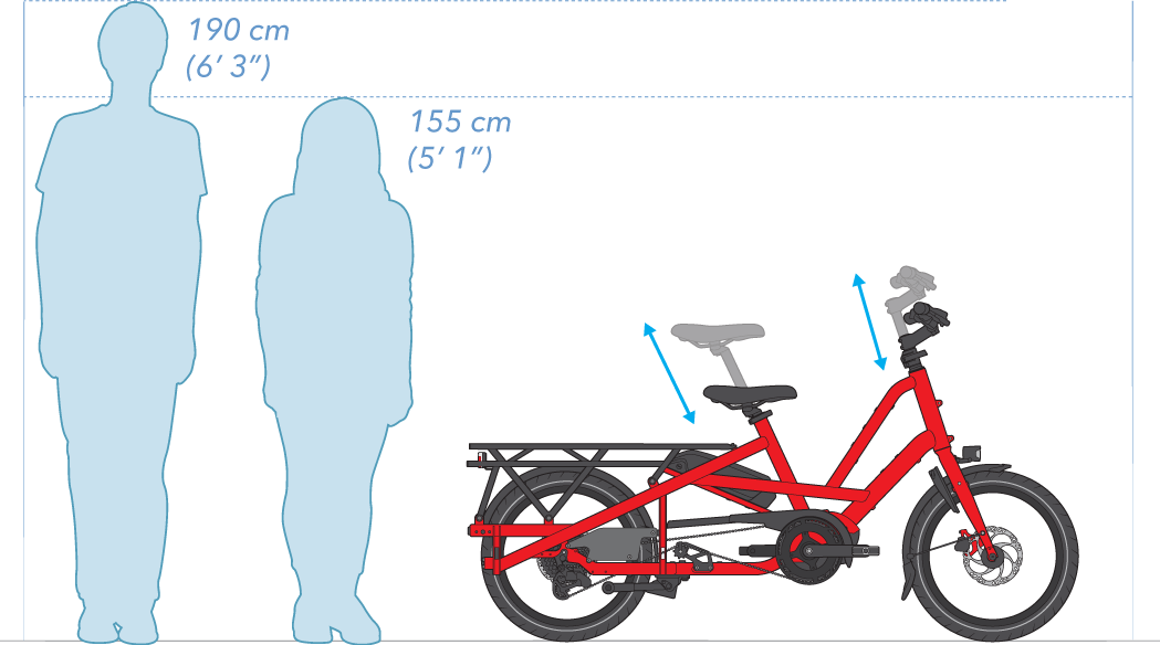 Diagram showing a red bicycle with dimensions labeled for two human figures.