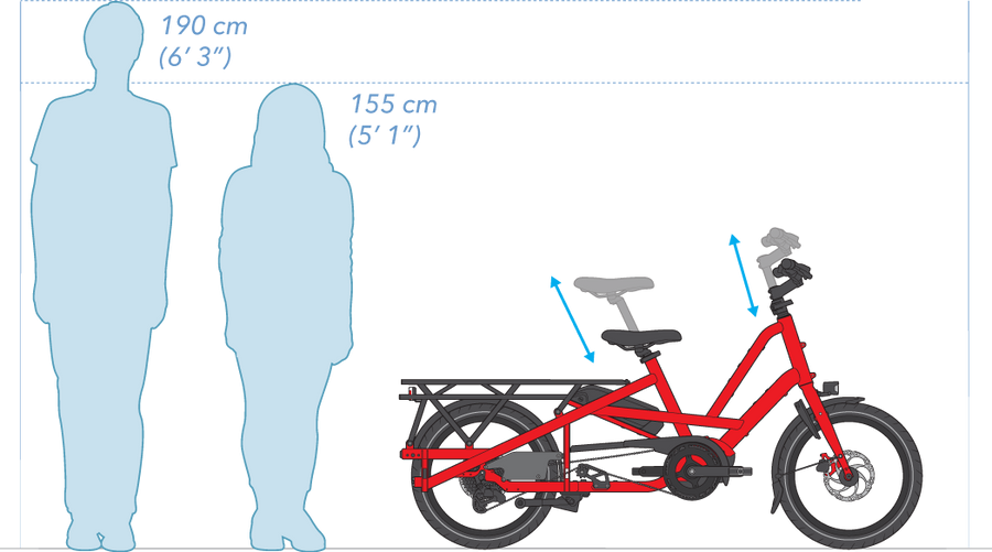 Diagram showing a red bicycle with dimensions labeled for two human figures.