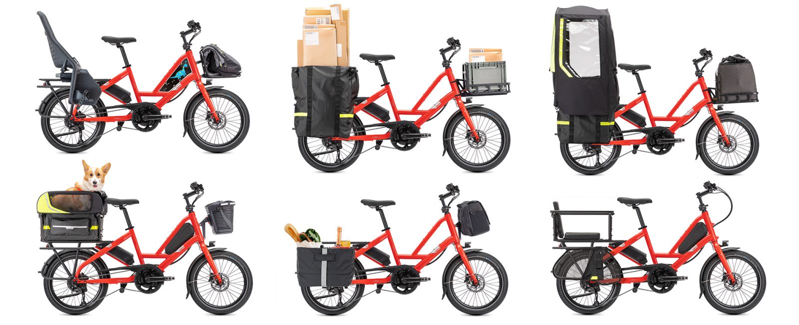 Set of red cargo bikes with various attachments on a white background