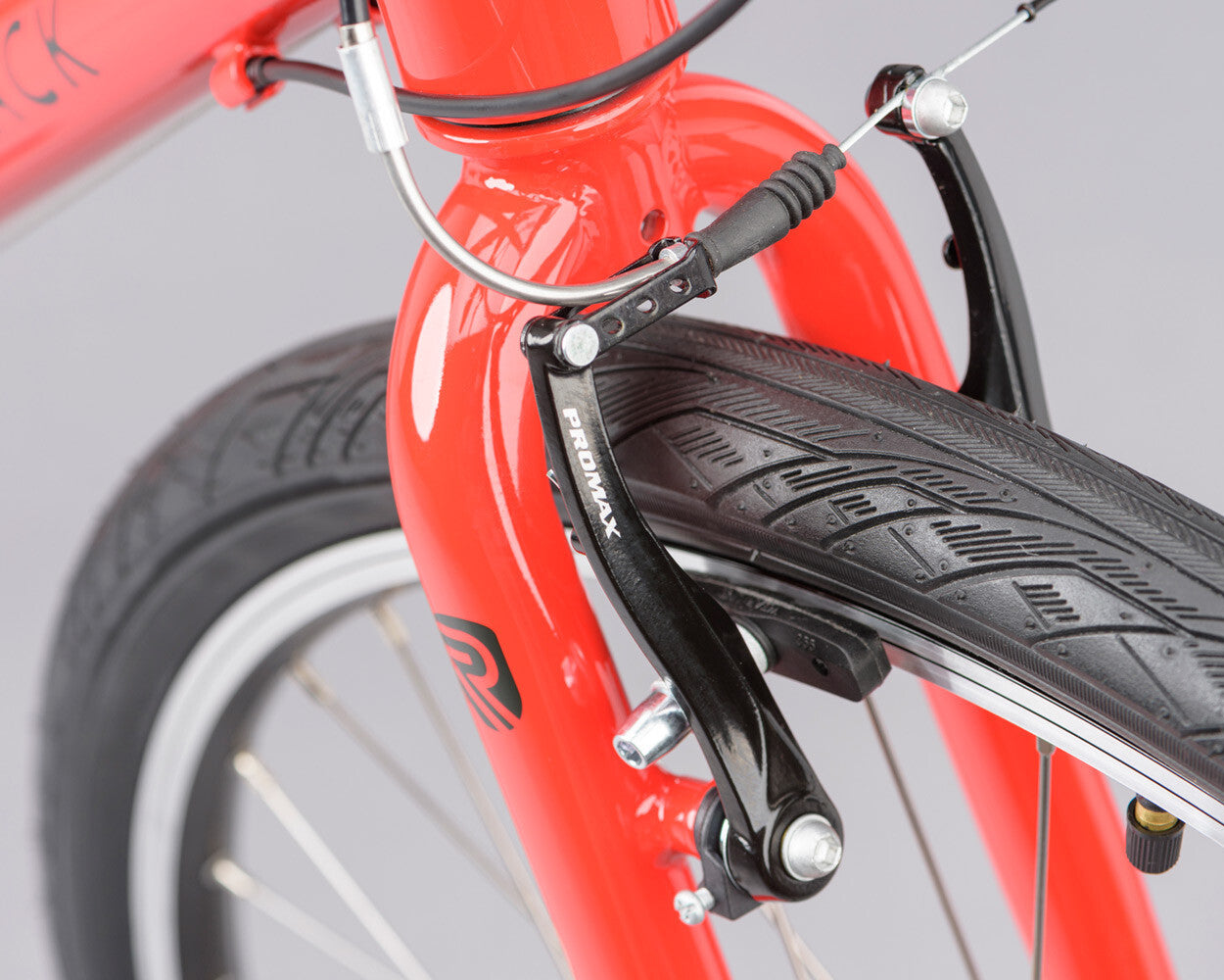 Close up of brakes on a red ridgeback motion bike.