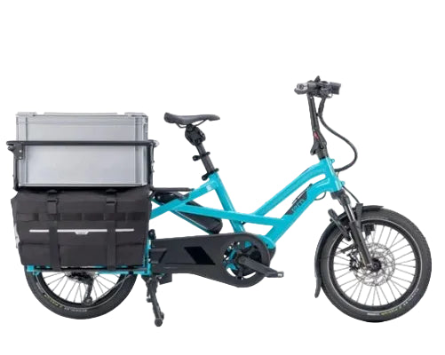 Tern Blue electric cargo bike with the grey box at the back on a white background