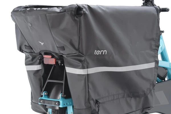 A turquoise and black Tern cargo bike with a rear black and grey cargo box 