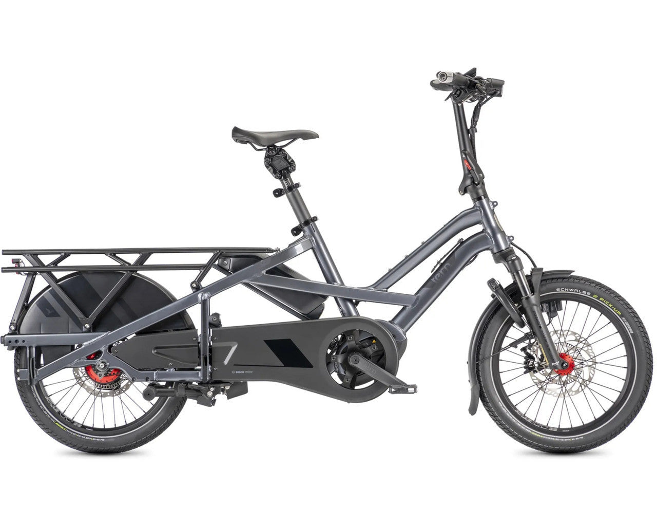 A dark grey Tern electric cargo bike with a step-through frame, rear cargo platform, fenders, and a battery mounted under the frame, shown against a plain white background.