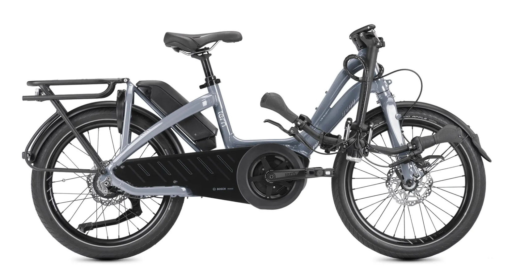 Gray electric cargo bike on a white background