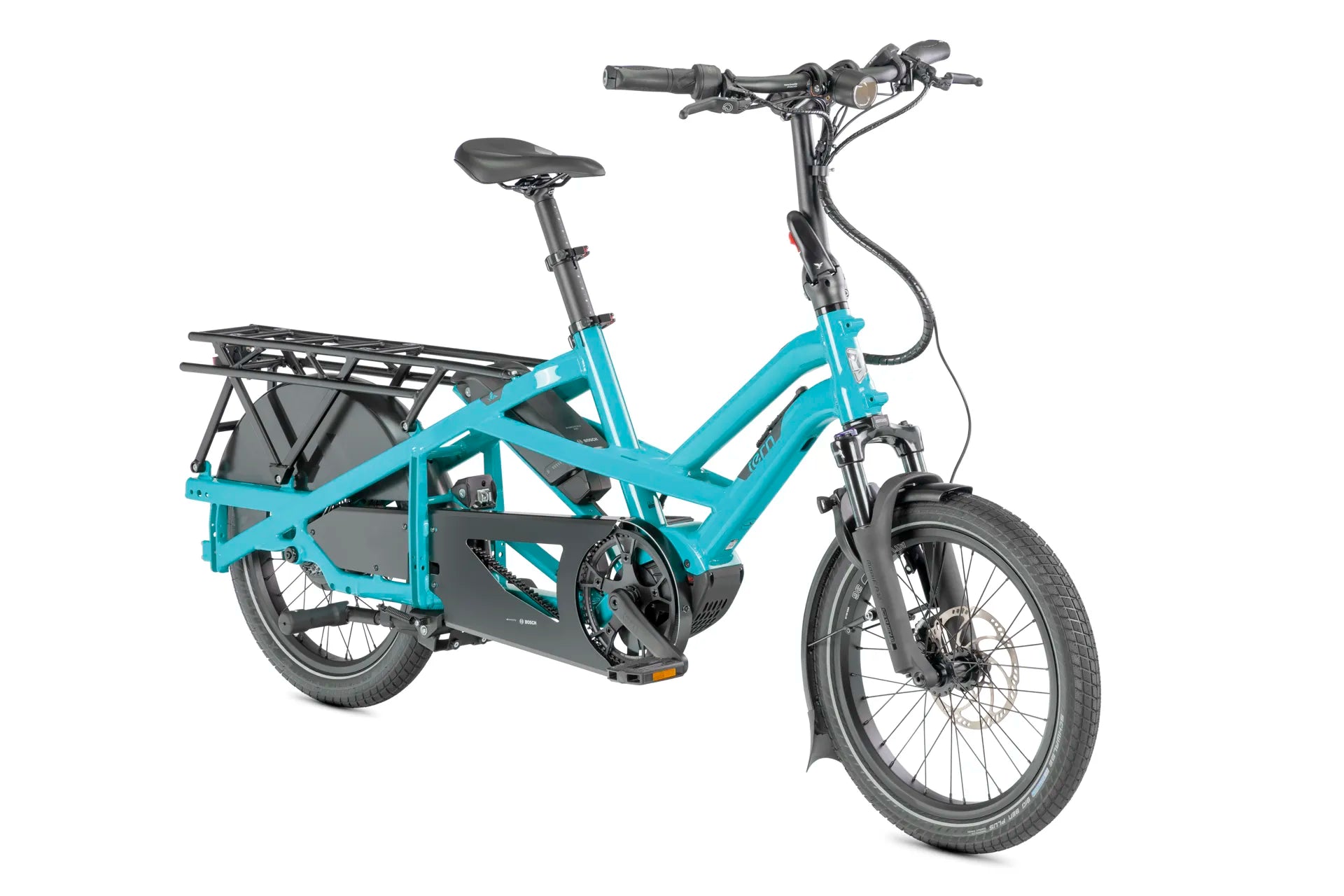 A light blue electric cargo bike with a black rear rack, black tires, and a black seat, shown on a plain white background.