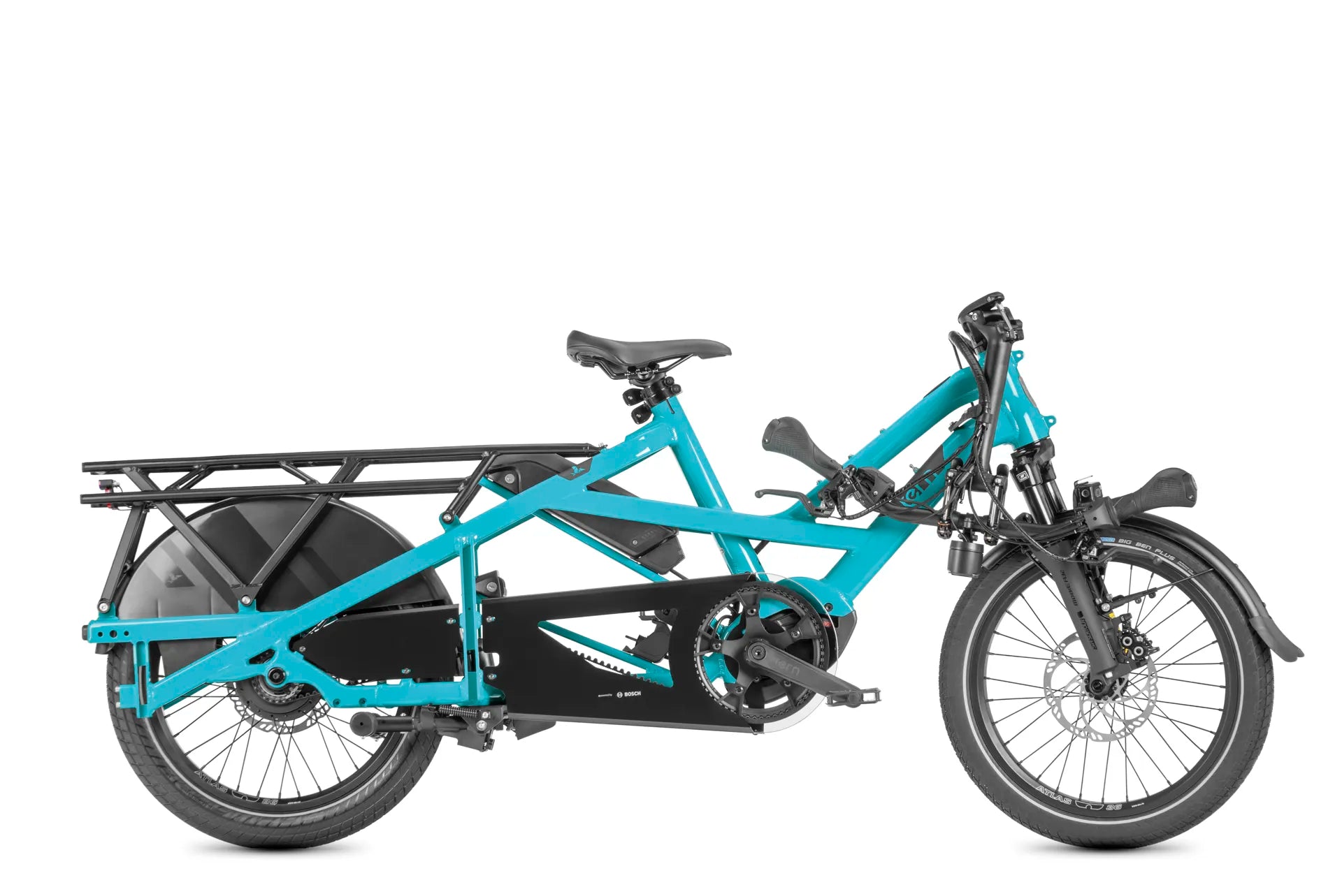A turquoise and black electric cargo bicycle shown from a side profile view against a solid white background.