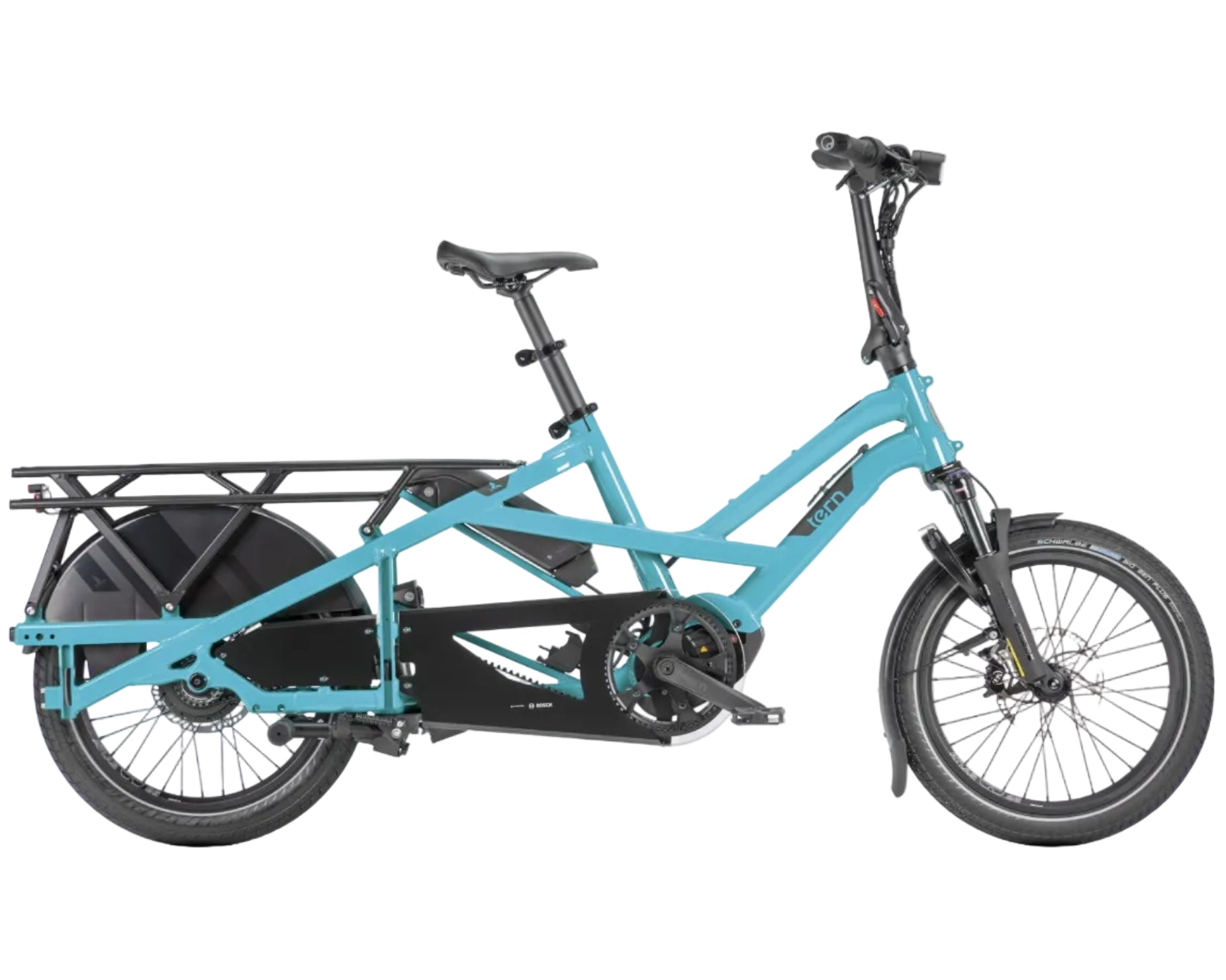 A turquoise and black electric cargo bike with a rear utility rack, front suspension, and a battery mounted under the seat tube, shown against a plain white background.